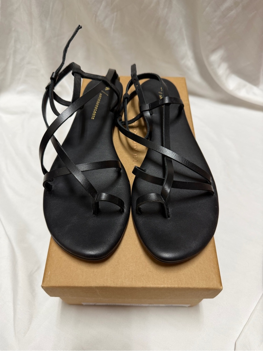 Anthropologie Black Strappy Lace-Up Leather Sandals size 7